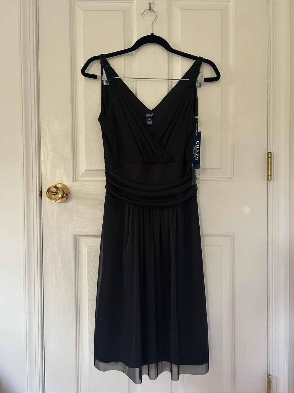 NWT Chaps Black Beaded Ruched Chiffon Dress Size 10